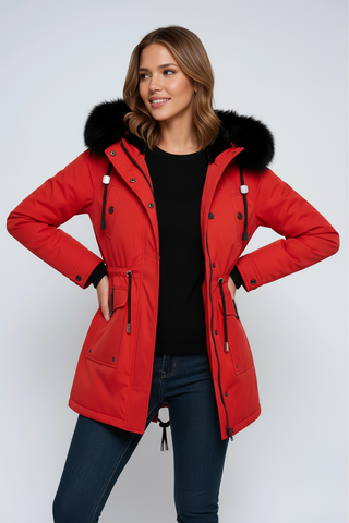 Winterjacke Damen Tailliert mit Fellkapuze n Rot