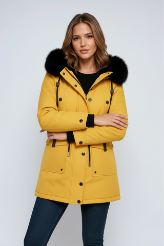 Winterjacke Damen Tailliert mit Fellkapuzein Gelb