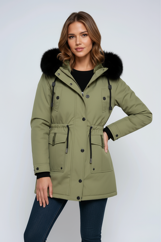Winterjacke Damen Tailliert mit Fellkapuze in Grün