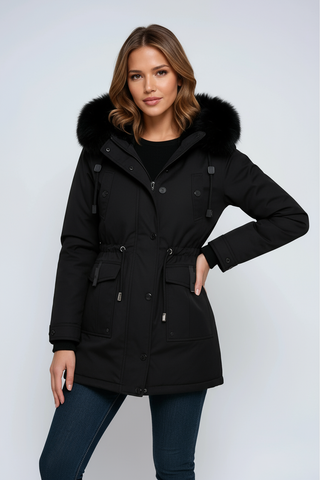 Winterjacke Damen Tailliert mit Fellkapuze in Schwarz