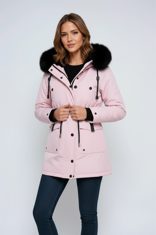Winterjacke Damen Tailliert mit Fellkapuze in Rosa