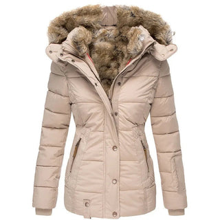 Winterjacke Damen mit Fellkapuze Slim Fitt in Beige
