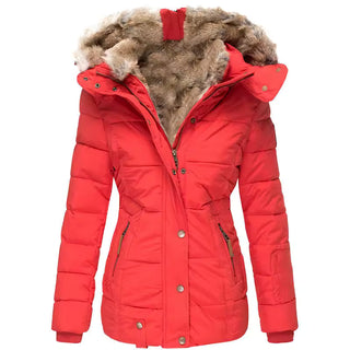 Winterjacke Damen mit Fellkapuze Slim Fit in Rot