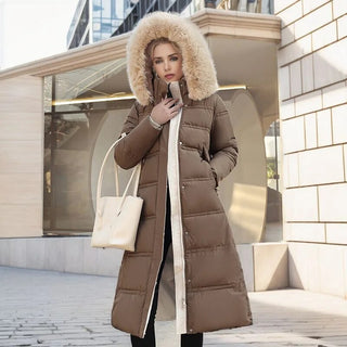 Wintermantel Damen Lang mit Fellkapuze in Kaki