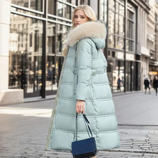 Wintermantel Damen Lang mit Fellkapuze in Hellblau