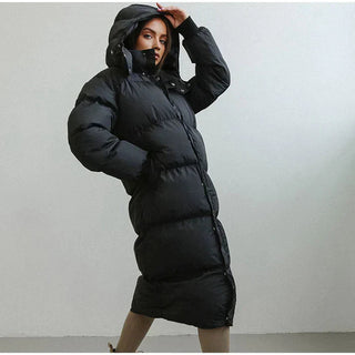 Wintermantel Damen Puffer Lang mit Kapuze in Schwarz