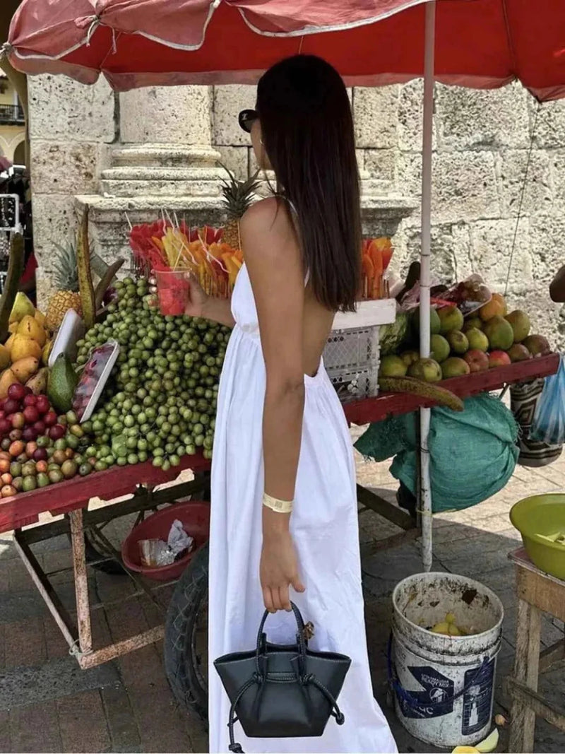 Alba – Backless maxi dress with spaghetti straps, V-neckline, and wide skirt