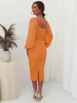 alessia – gerafftes midikleid mit ballonärmeln & square neck - Cecile LavelleOrange