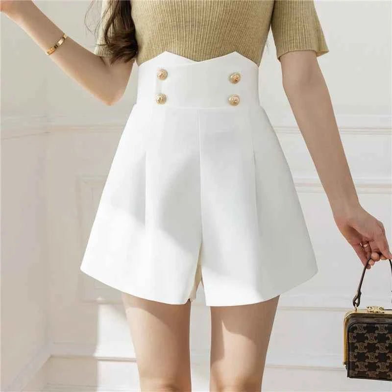 Alina – Elegant High Waist Shorts with Decorative Buttons and A-Line Cut