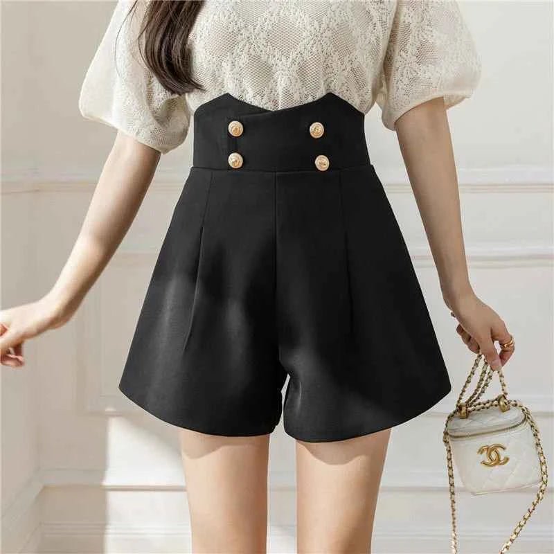 Alina – Elegant High Waist Shorts with Decorative Buttons and A-Line Cut