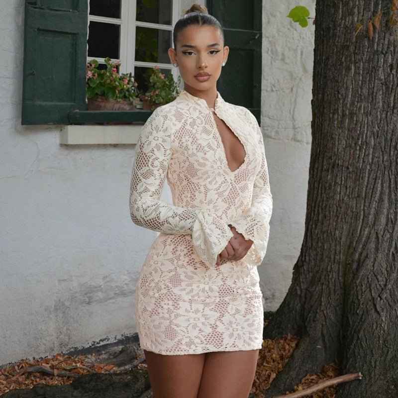 Alina – Lace Mini Dress with Keyhole Neckline and Trumpet Sleeves