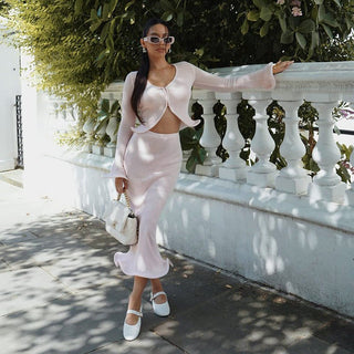 amara – knit two - piece mit wellensaum & cropped cardigan - Cecile LavelleRosa