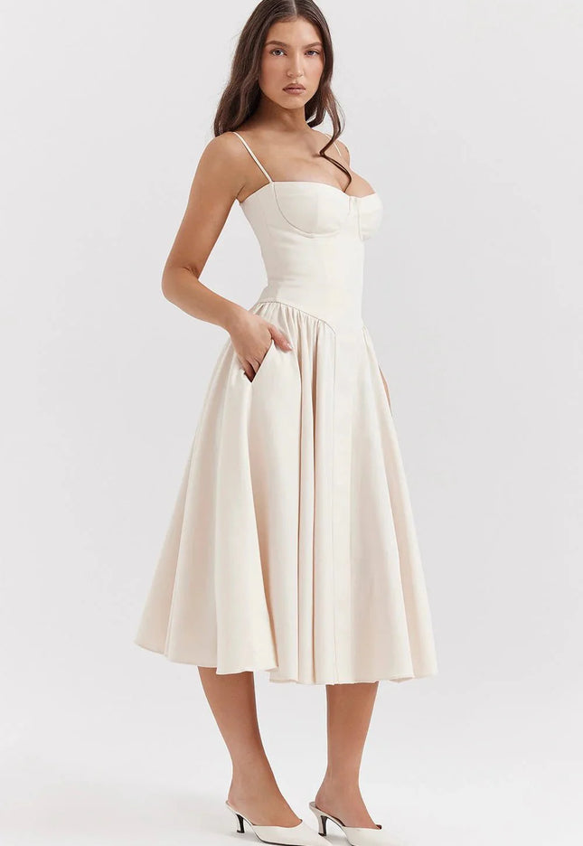 Clara – Midikleid mit Korsagenoberteil, Spaghettiträgern & ausgestelltem Rock