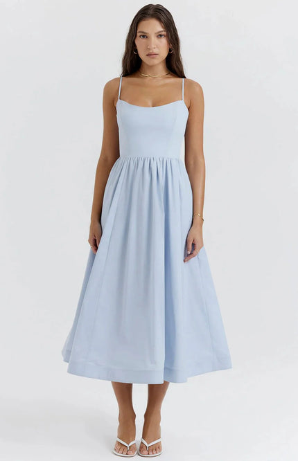 Clara – Robe midi avec haut corset, bretelles spaghetti et jupe évasée