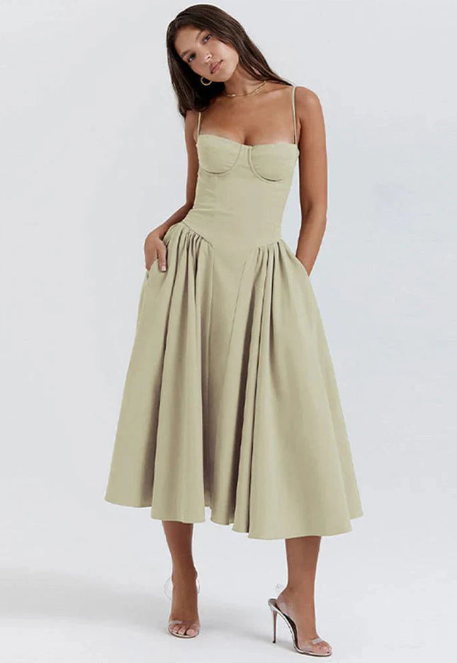 Clara – Midikleid mit Korsagenoberteil, Spaghettiträgern & ausgestelltem Rock