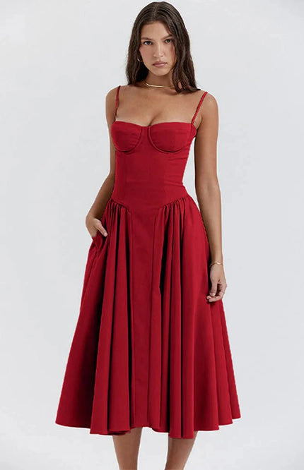 Clara – Robe midi avec haut corset, bretelles spaghetti et jupe évasée