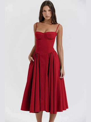 Clara – Midikleid mit Korsagenoberteil, Spaghettiträgern & ausgestelltem Rock