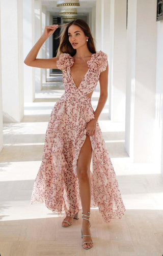 Floral Maxi Dress for Women with Slit | Long Summer Dress with V-Neck