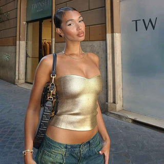 dalina – schulterfreies bustier-top in metallic-optik mit herz-ausschnitt