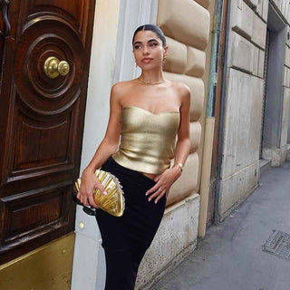 dalina – schulterfreies bustier-top in metallic-optik mit herz-ausschnitt