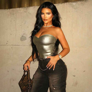 dalina – schulterfreies bustier-top in metallic-optik mit herz-ausschnitt