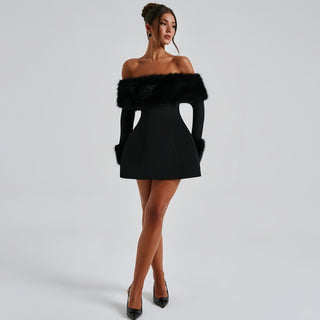 Aurora – Off - Shoulder Mini - Kleid mit Kunstfellbesatz - Cecile LavelleSchwarz