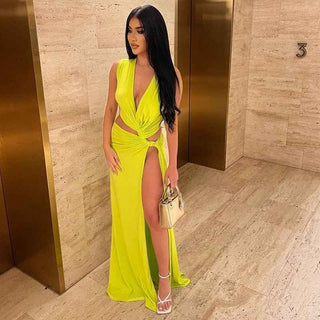 Ava – Maxikleid mit Beinschlitz & Wickel - Effekt - Cecile LavelleNeongelb