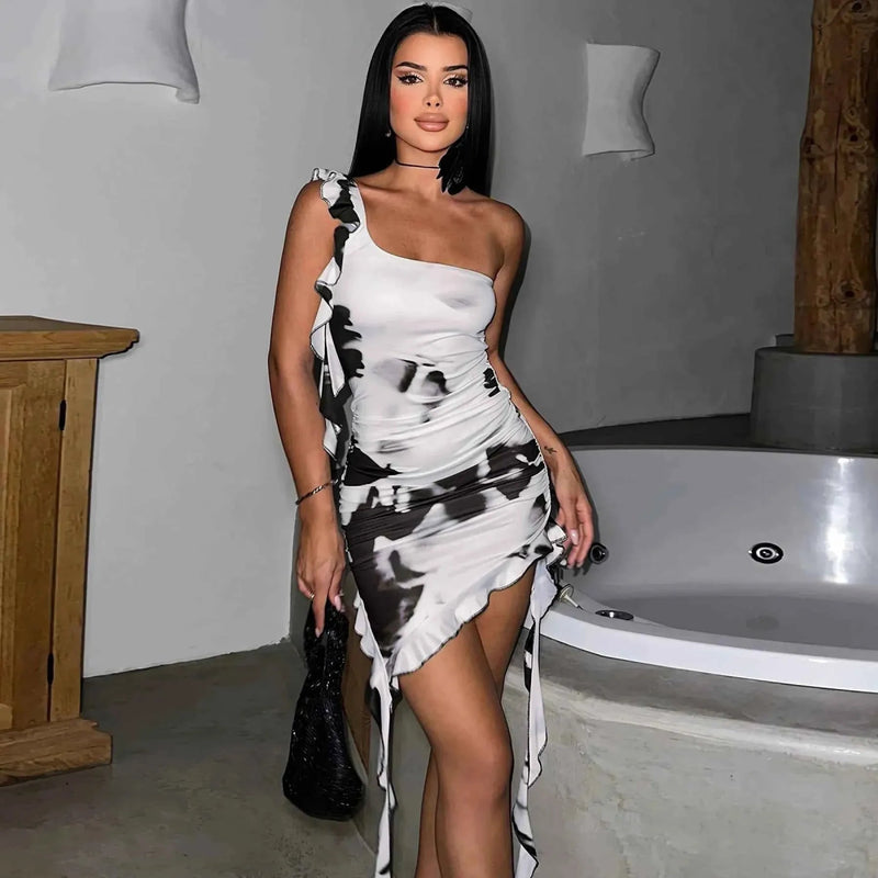 Ayla – Asymmetrical mini bodycon dress with ruffles and tie-dye print