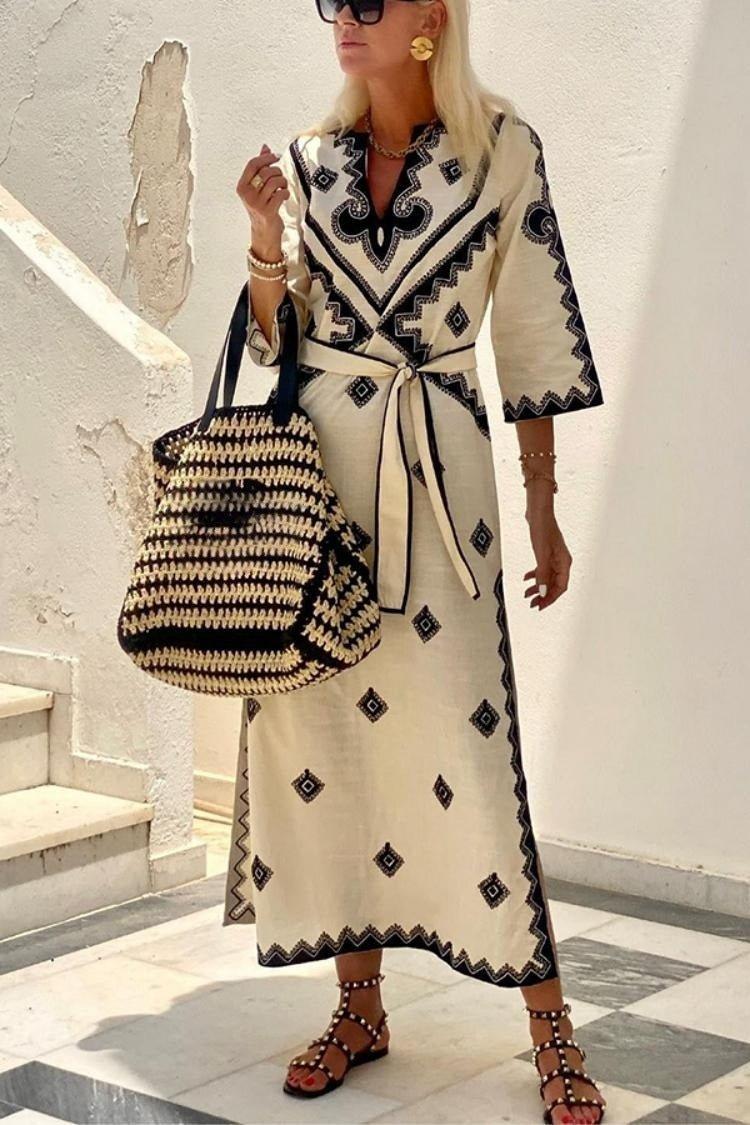 Ayla – Embroidered Boho Maxi Dress with Ethnic Pattern and Tie Belt