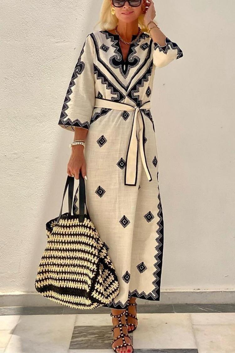 Ayla – Embroidered Boho Maxi Dress with Ethnic Pattern and Tie Belt