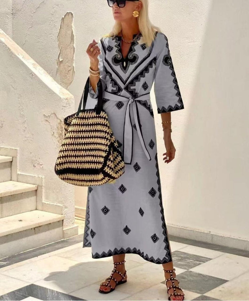 Ayla – Embroidered Boho Maxi Dress with Ethnic Pattern and Tie Belt