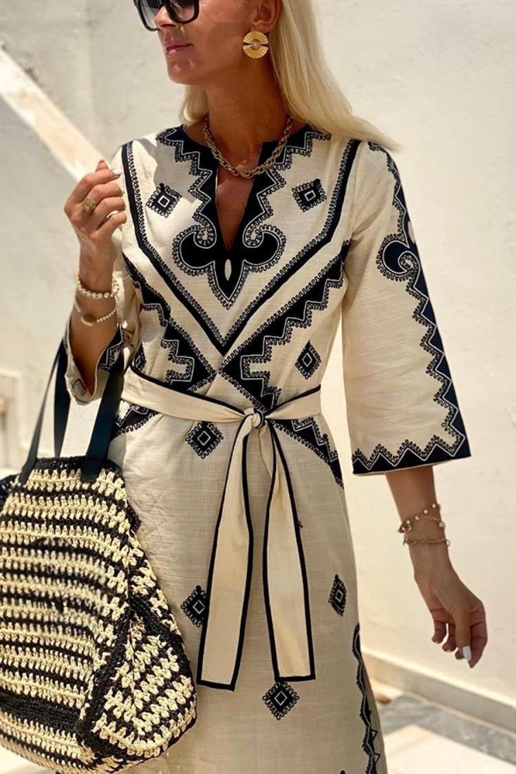 Ayla – Embroidered Boho Maxi Dress with Ethnic Pattern and Tie Belt