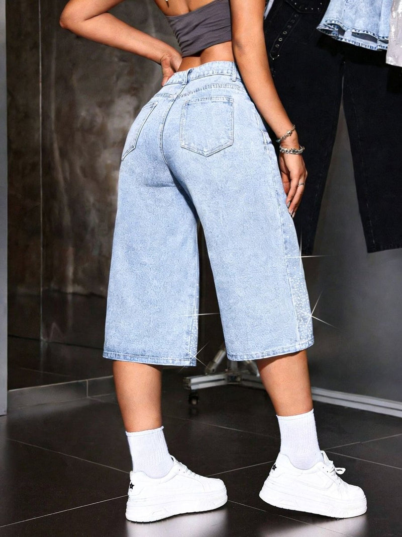 Women's High Waist Bermuda Shorts with Rhinestones