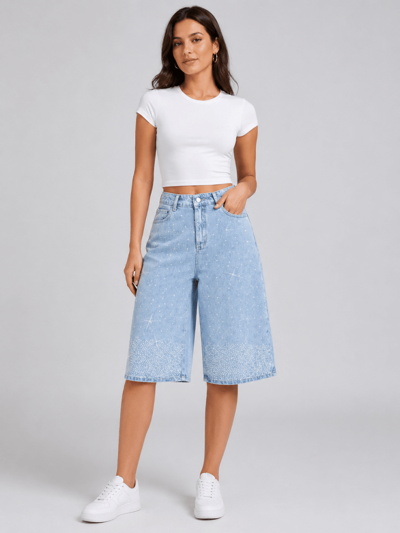 Women's High Waist Bermuda Shorts with Rhinestones