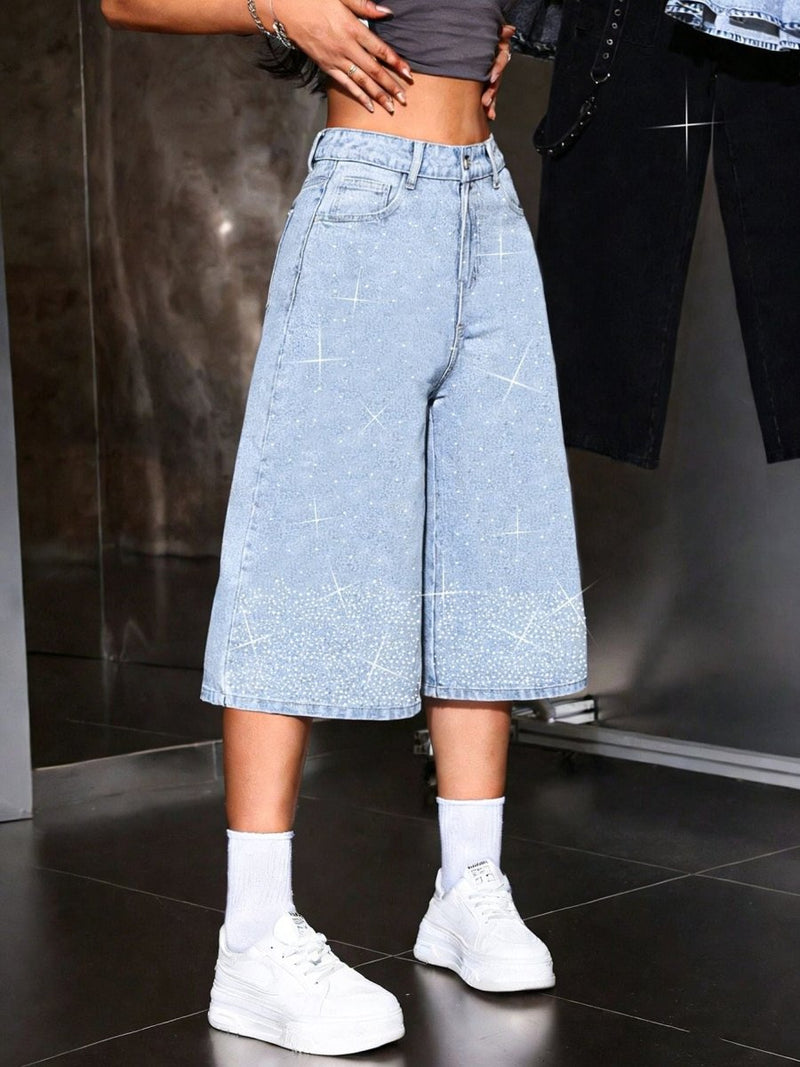 Women's High Waist Bermuda Shorts with Rhinestones
