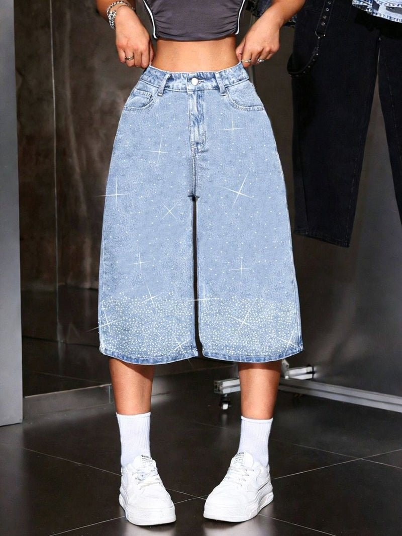 Women's High Waist Bermuda Shorts with Rhinestones