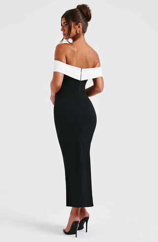 Schulterfreies Midikleid mit Farbkontrast