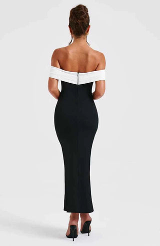 Schulterfreies Midikleid mit Farbkontrast