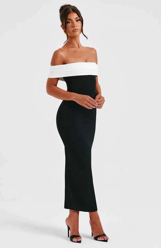Schulterfreies Midikleid mit Farbkontrast