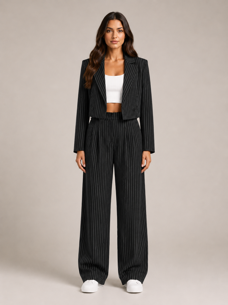 Nålestribet damesæt med cropped blazer