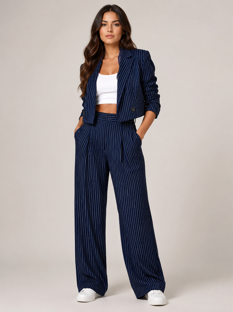 Nålestribet damesæt med cropped blazer