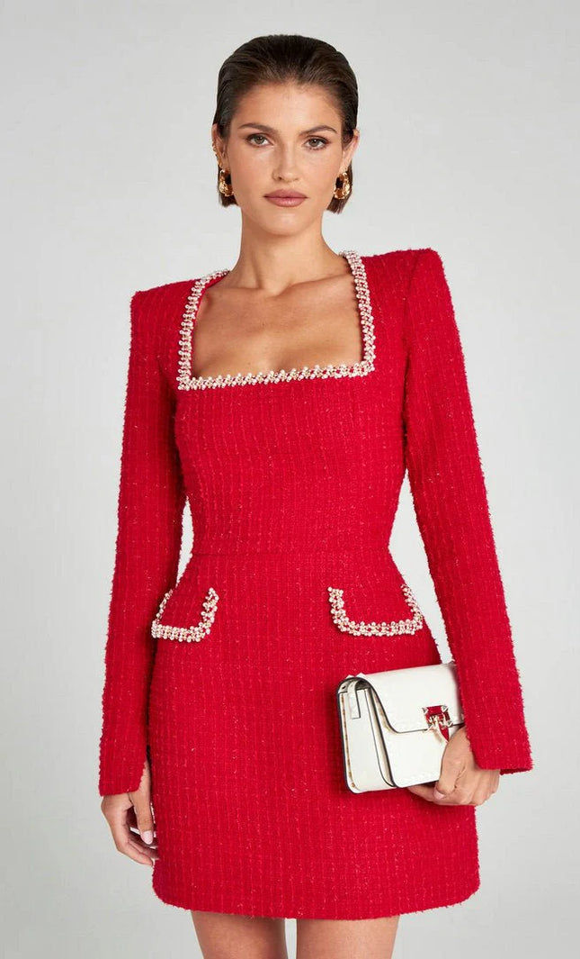 elodie – langarm minikleid aus tweed mit perlendetails