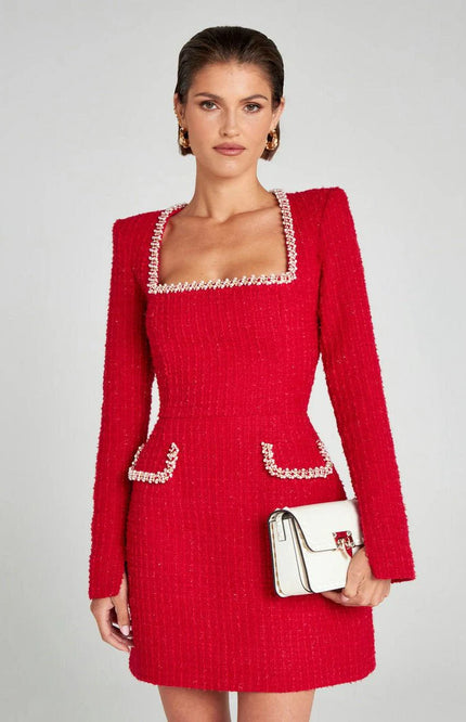 elodie – langarm minikleid aus tweed mit perlendetails