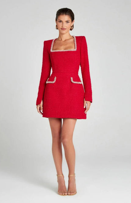 elodie – langarm minikleid aus tweed mit perlendetails