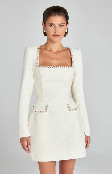 elodie – langarm minikleid aus tweed mit perlendetails