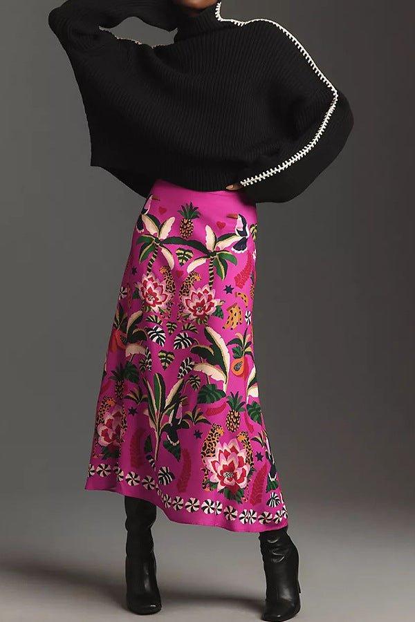 Carla – Pink Maxi Skirt with Exotic Print and A-Line Shape