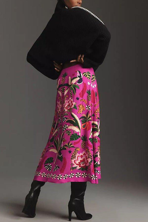Carla – Pink Maxi Skirt with Exotic Print and A-Line Shape