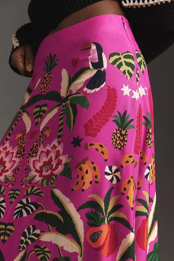 Carla – Pink Maxi Skirt with Exotic Print and A-Line Shape