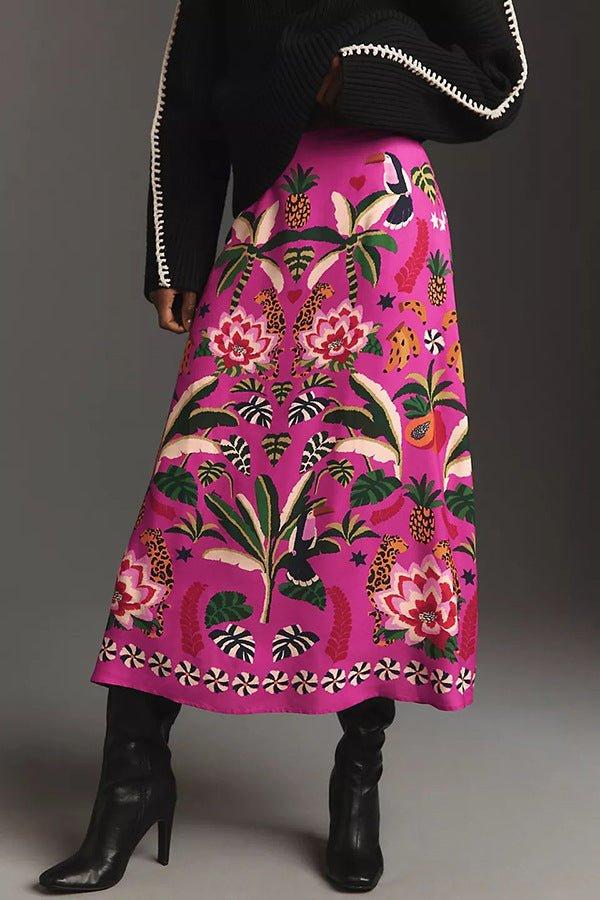 Carla – Pink Maxi Skirt with Exotic Print and A-Line Shape