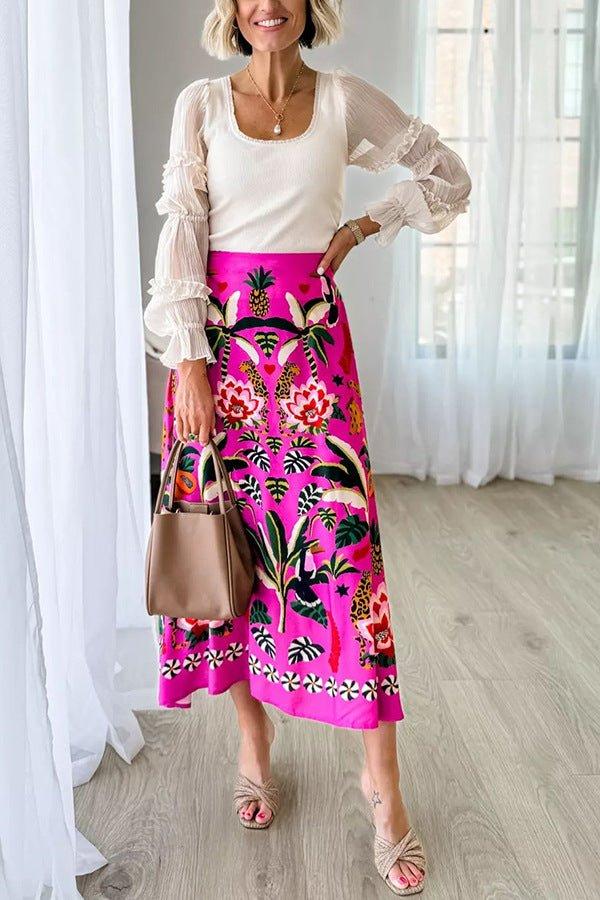 Carla – Pink Maxi Skirt with Exotic Print and A-Line Shape